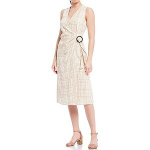 Alex Marie Maria Plaid Printed O-Ring Belted Faux-Wrap Khaki Ivory Dress 8